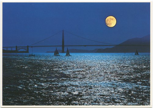 Night View of the Golden Gate Bridge with Sailboats