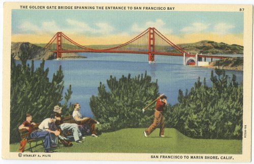 The Golden Gate Bridge spanning the entrance to San Francisco Bay. San Francisco to Marin Shore, Calif.