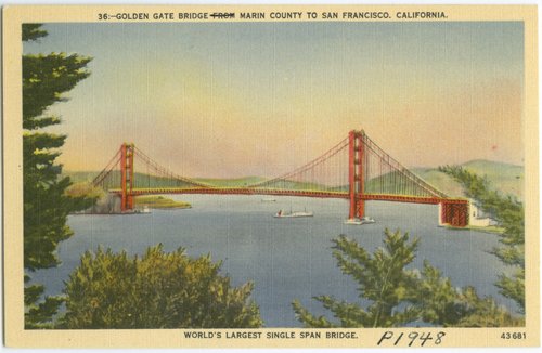 Golden Gate Bridge From Marin County to San Francisco, California. World's Largest Single Span Bridge