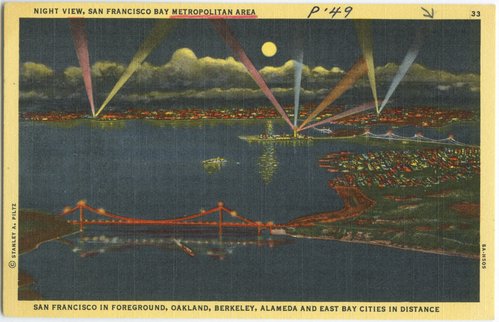 Night View, San Francisco Bay Metropolitan Area. San Francisco in Foreground, Oakland, Berkeley, Alameda and East Bay Cities in Distance"