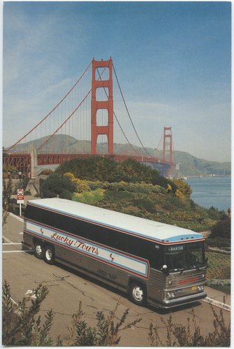 Golden Gate Bridge with Lucky Tours Bus in Foreground