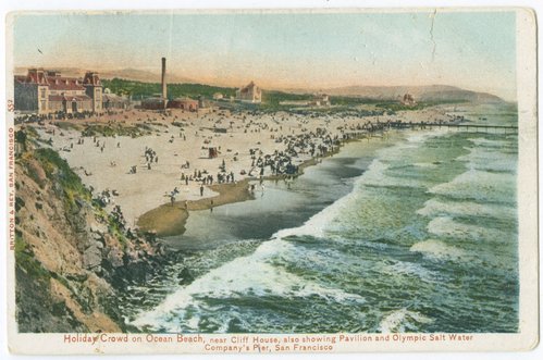 Holiday crowd on Ocean Beach, near Cliff House, also showing pavilion and Olympic Salt Water Company's pier, San Francisco