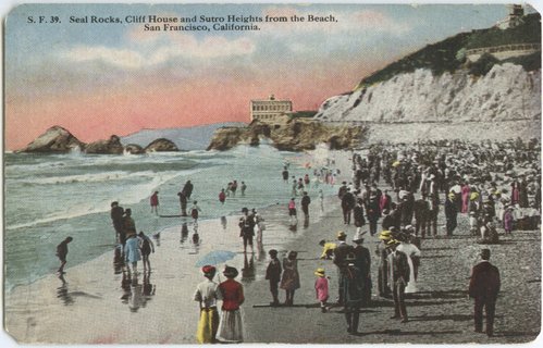Seal Rocks, Cliff House and Sutro Heights from the beach, San Francisco, California