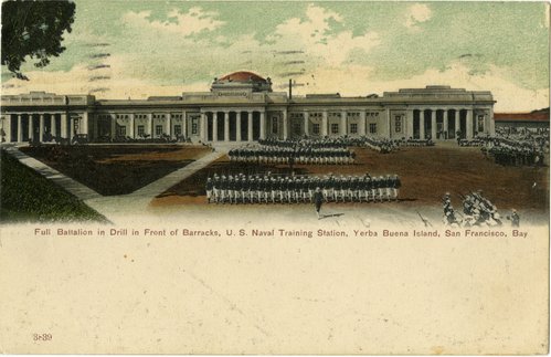 Full battalion drill in front of barracks, U.S. Naval Training Station, Yerba Buena Island, San Francisco Bay